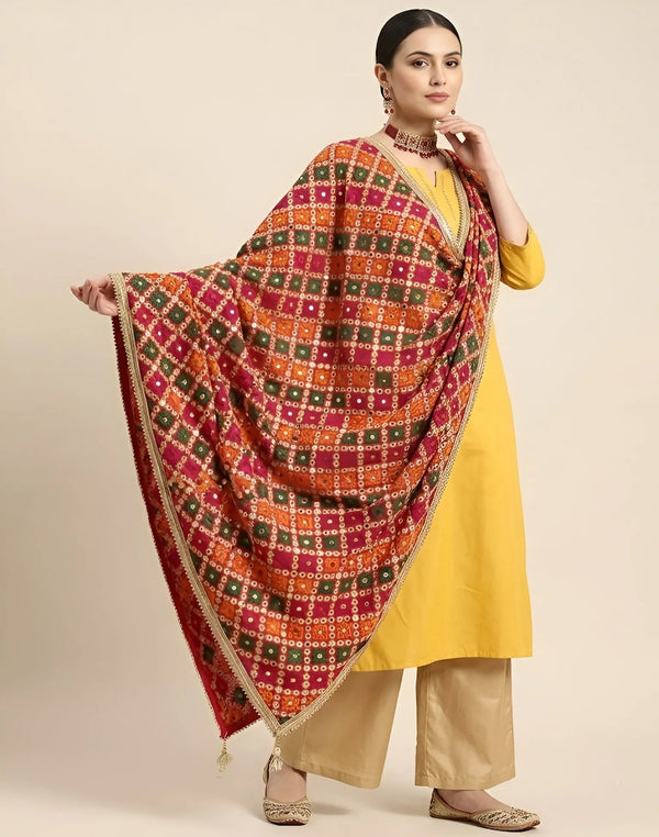 Luxe Chinon Women Phulkari Multicolor Dupatta with Mirror Work, Lace Border & Latkan Tassels