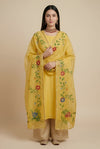 Luxe Organza Women Yellow Dupatta with Handbrush Floral Art & Beads