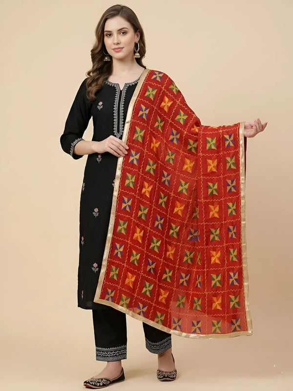 Chinon Phulkari Women Red Dupatta with Traditional Motif Work & Tape Border