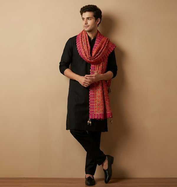 Heritage Woven Geometric Zari Chinon Pink Mens Dupatta