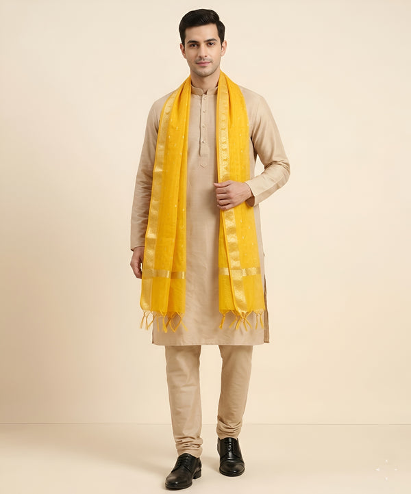 Cotton Silk Mens Dupatta – Yellow with Zari Buta & Border Work