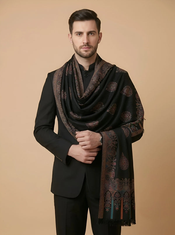 Noble Kani Woven Paisley Border Wool Blend Black Stole