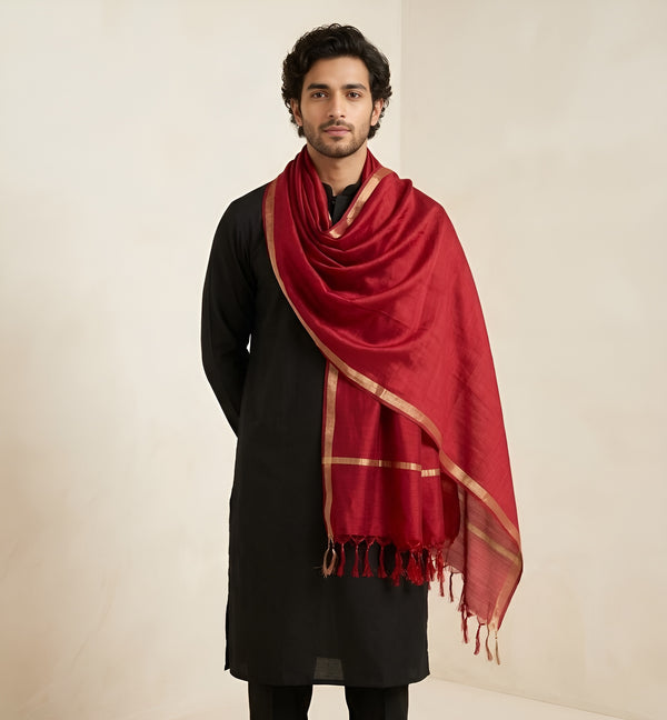Cotton Mens Dupatta – Maroon with Golden Border & Tassel Finish