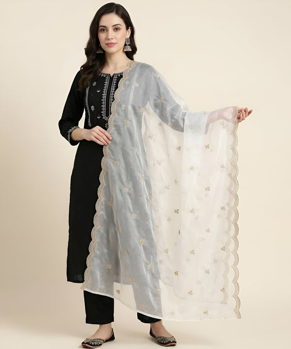 Designer Twill Net Women White Dupatta with 2 Side Scalloped Border & Buti Embellishment
