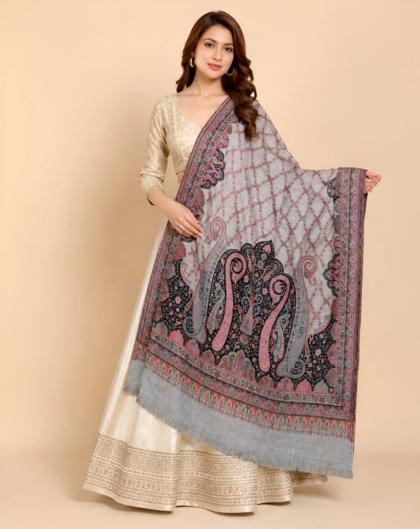 Naqsh-e-Kashmir Inspired Paisley Jacquard Grey Shawl with Kani-Inspired Floral Border