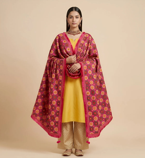 Luxe Handcrafted Chinon Phulkari Floral Mirror & Beads Work Pink Dupatta