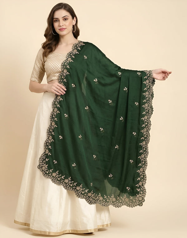 Luxe Rangoli Women Green Dupatta with 4 Side Scalloped Embroidered Border & Buti Embellishment