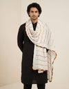 White Nazneen Chiffon Mens Dupatta with Multicolor Stripes & Pom Pom