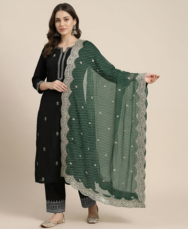 Georgette Leheriya Women Green Dupatta with Embroidered Scallop Border & Butti Work