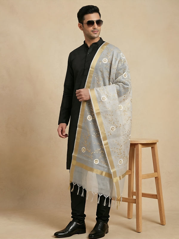 Organza Meena Jaal Mens Dupatta – White with Gold Woven Design