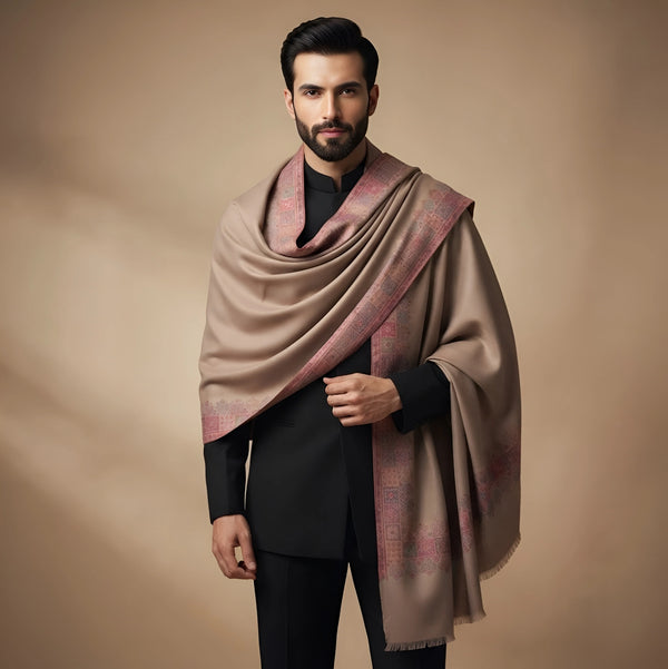 Mir-e-Khas Men's Kashmir-Inspired Kani Paisley & Geometric Border Wool Blend Brown Shawl
