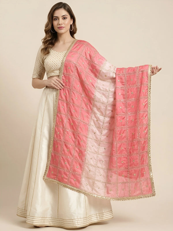 Luxe Chinon Womens Pink Dupatta – Embellished Grid Work with Lace Border