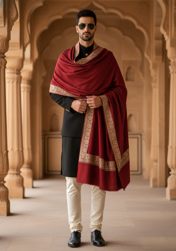 Maroon Woolen Mens Shawl with Gold Border – 80x40 Inches