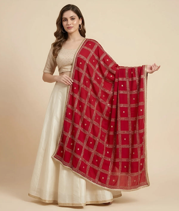Chinon Dupatta with Gold Grid Embellishment