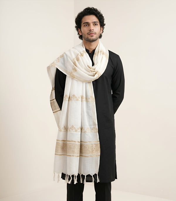 Cotton Cut Work Mens Dupatta – White Gold Tone with Woven Design