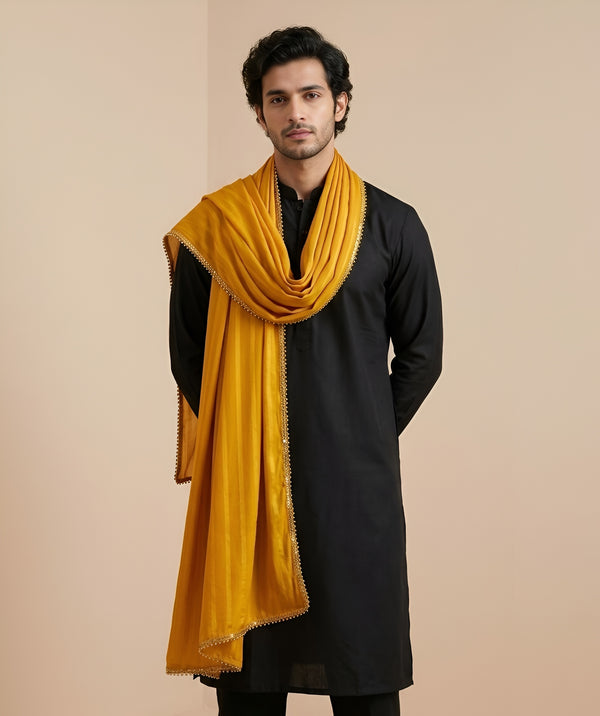 Nazneen Chiffon Mens Dupatta – Solid Yellow with Elegant Lace Border