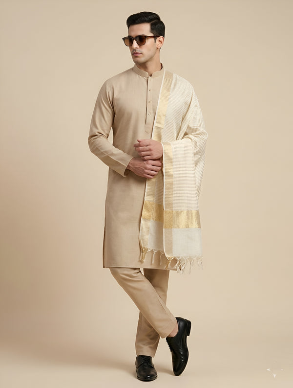Cotton Silk Mens Dupatta – White with Zari Buta & Border Work