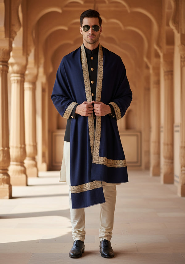 Blue Woolen Mens Shawl with Gold Border – 80x40 Inches