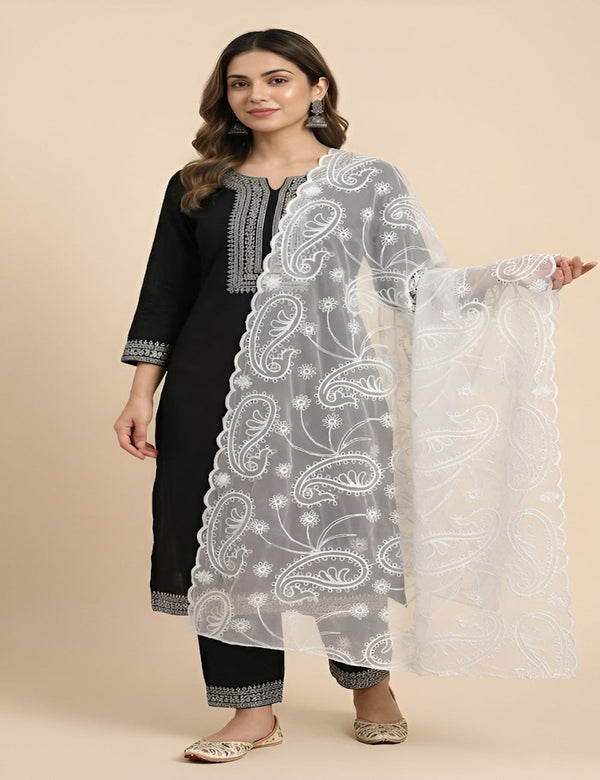 White Organza Embroidered Dupatta for Women with Paisley & Floral