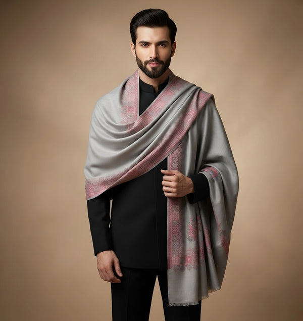 Mir-e-Khas Men's Kashmir-Inspired Kani Paisley & Geometric Border Wool Blend Grey Shawl