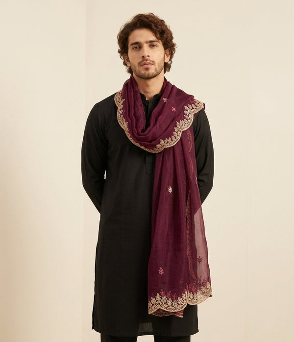 Wine Organza Mens Dupatta – Scalloped Cutwork Border with Buti Work