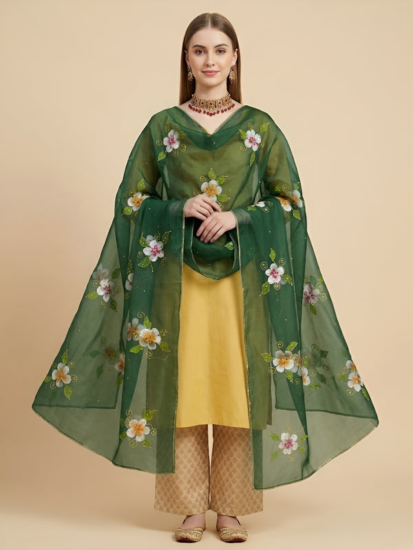 Luxe Organza Women Bottle Green Dupatta with Handbrush Floral Art & Beads