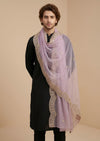 Pink Twill Net Mens Dupatta – Scalloped Cutwork Border with Buti Work