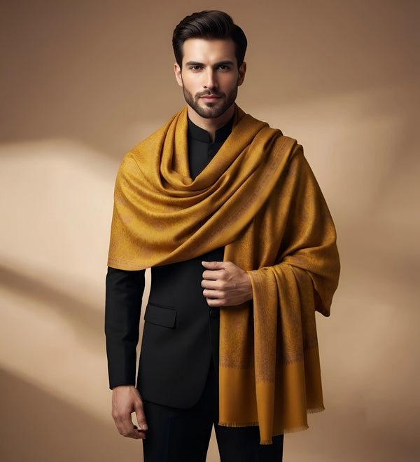 Mir-e-Khas Kashmiri Sozni Jaal Yellow Shawl for Men – Wool Blend