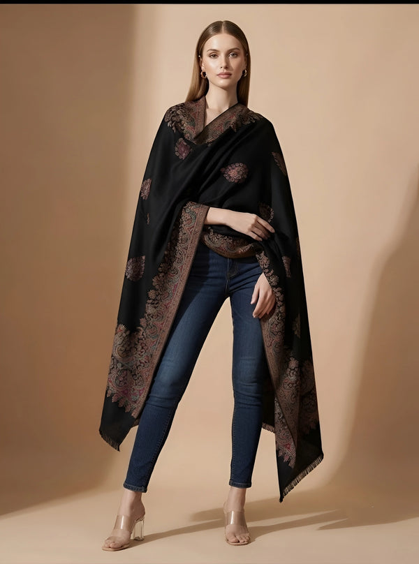 Regal Kani Woven Paisley Border Wool Blend Black Stole | Kashmiri Inspired