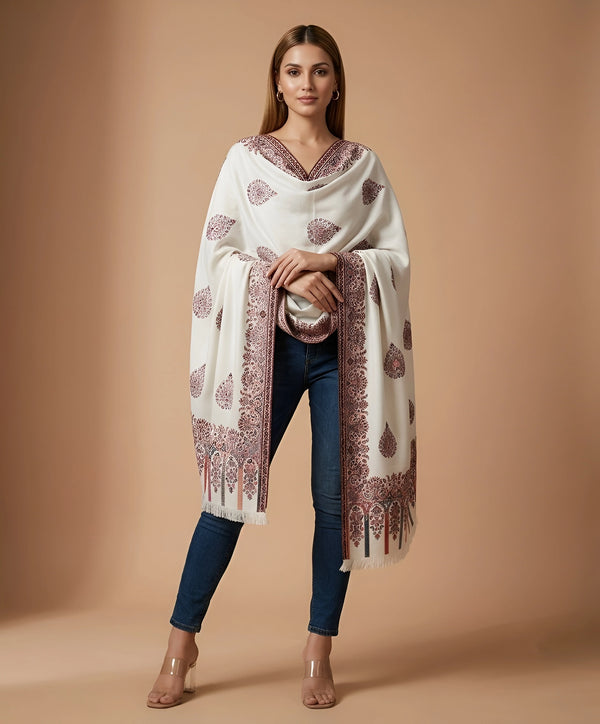 Regal Kani Woven Paisley Border Wool Blend White Stole | Kashmiri Inspired
