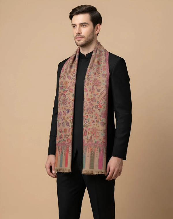 Noble Kani Weave All-Over Floral Jaal Wool Blend Beige Stole