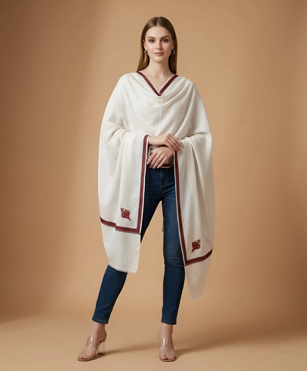 Regal Woven Border Accent Corner Wool Blend White Stole | Kashmiri Inspired