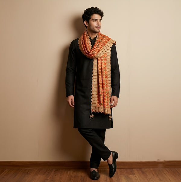 Heritage Woven Geometric Zari Chinon Beige Mens Dupatta