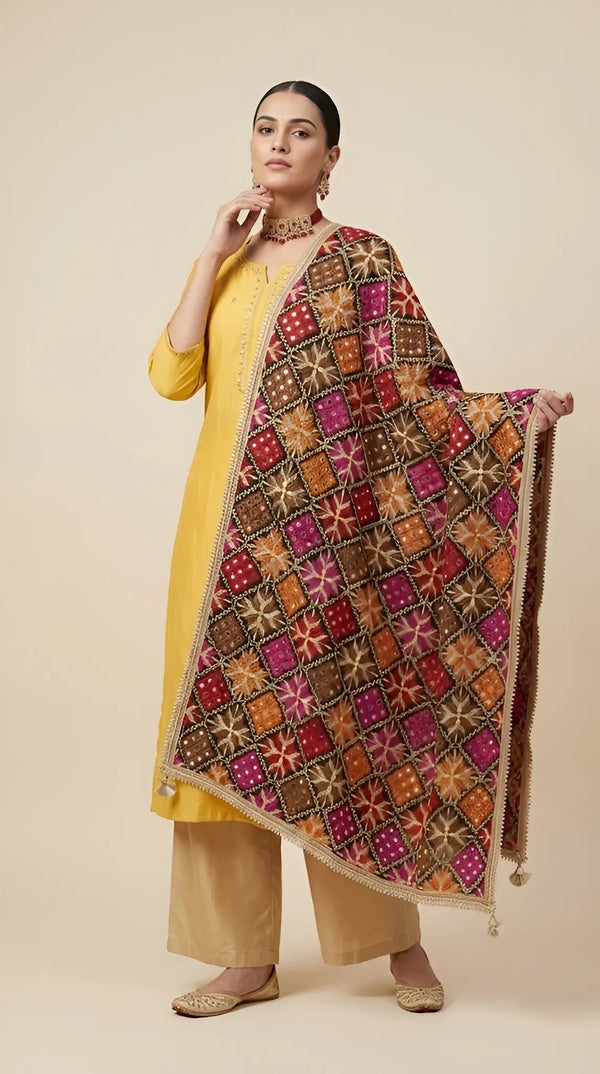 Luxe Phulkari Chinon Mirror Work Embroidered BlackDupatta with Elegant Lace Border