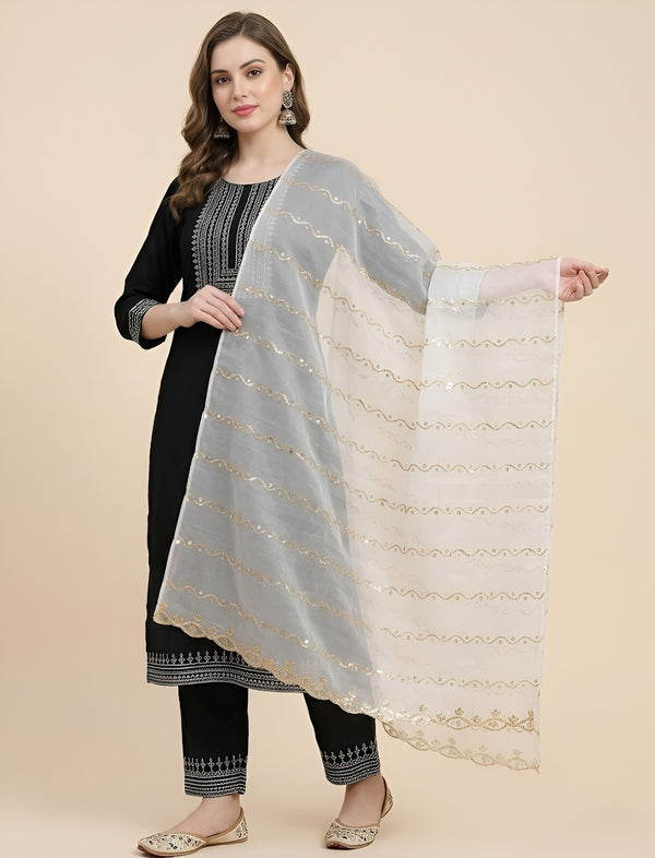 Net White Dupatta with Twill Zari Sequin Wave Work