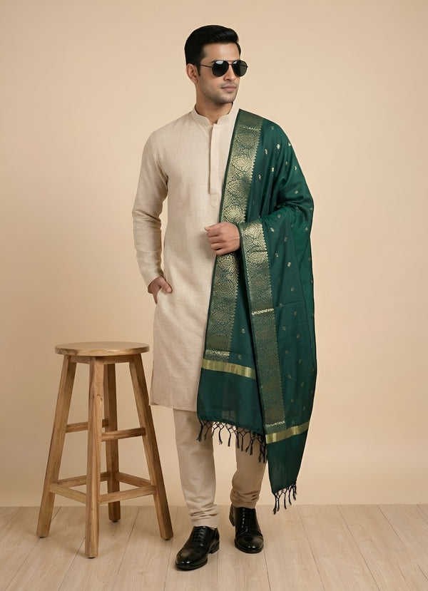 Banarasi Silk Mens Dupatta – Green with Zari Buta & Border Work