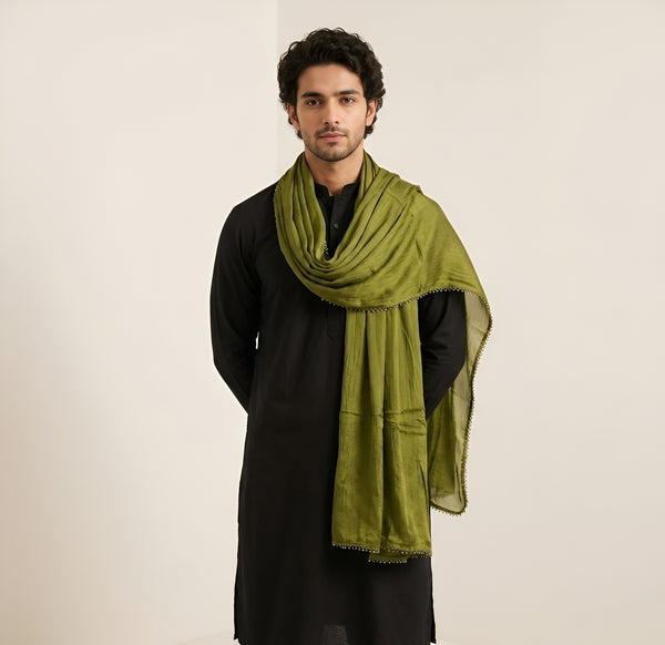 Nazneen Chiffon Mens Dupatta – Solid Green with Elegant Lace Border