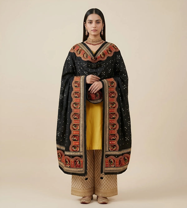 Luxe Chinon Kutch & Phulkari Heritage Art Mirror Work Embroidered Black Dupatta with Ornate Border