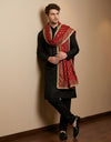 Heritage Phulkari Chinon Maroon Mens Dupatta with Elegant Lace Border