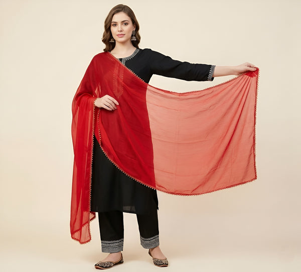 Red Nazneen Chiffon Dupatta with Lace Border | Solid Lightweight Wrap