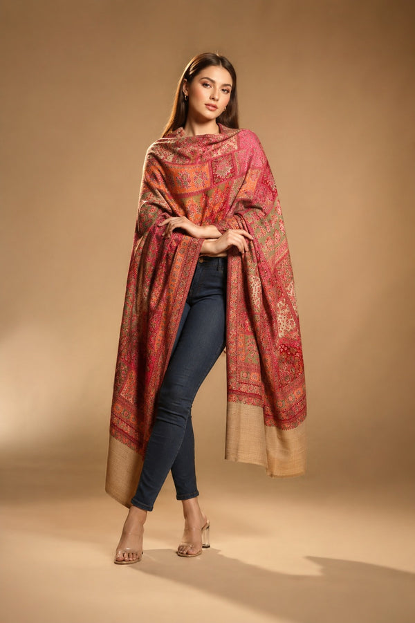 Regal Multicolor Patchwork Kani Jacquard Woven Wool Blend Beige Stole