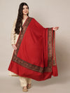 Woolen Women Shawl in Warm Red with Intricate Traditional Embroidered Border (80 x 40 Inches)