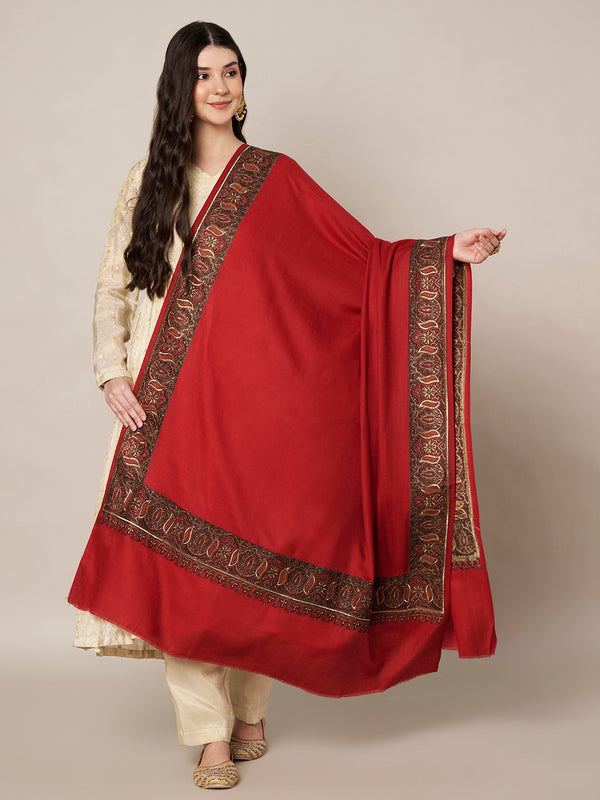 Woolen Women Shawl in Warm Red with Intricate Traditional Embroidered Border (80 x 40 Inches)