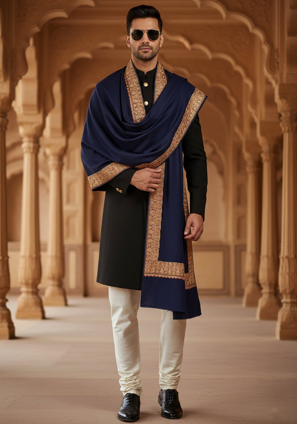 Solid Blue Woolen Mens Shawl with Rich Embroidered Border – 80 x 40 Inches