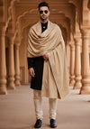 Beige Woolen Mens Shawl with Gold Border – 80x40 Inches