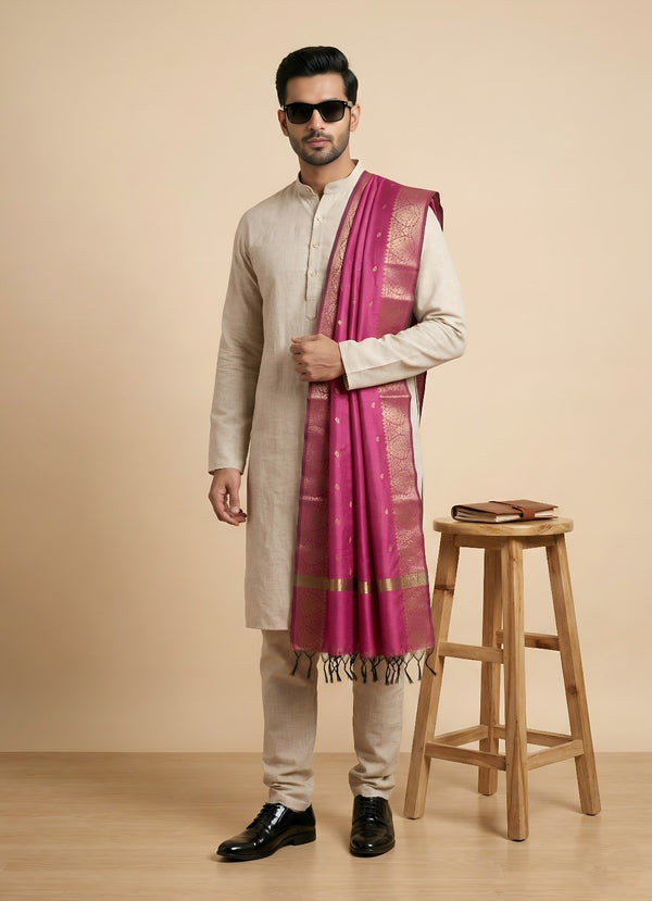 Banarasi Silk Mens Dupatta – Pink with Zari Buta & Border Work