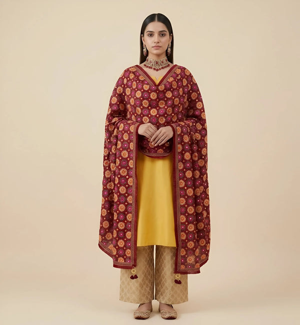 Luxe Handcrafted Chinon Phulkari Floral Mirror & Beads Work Maroon Dupatta