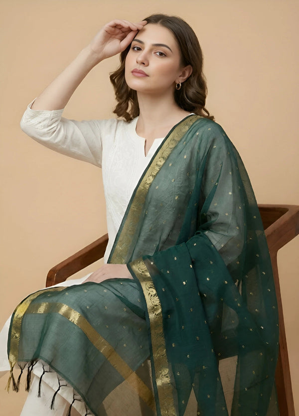 Green Lightweight Cotton Silk Dotted Dupatta | Elegant Everyday Ethnic Drape