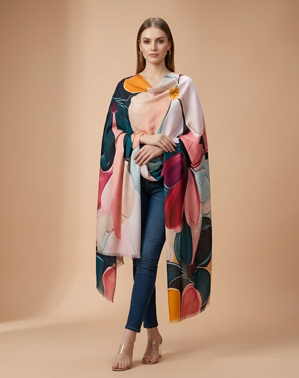 Signature Bamboo Silk Floral PrintedStole | Oversized Contemporary Bloom Print