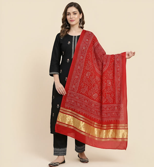 Bamboo Silk Bandhani Inspired Gajji Women Red Dupatta with Elephant & Floral Motifs and Golden Tape Border